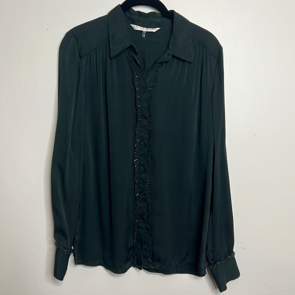 Trina Turk Small Silk Emerald Deep Green Blouse Button Down